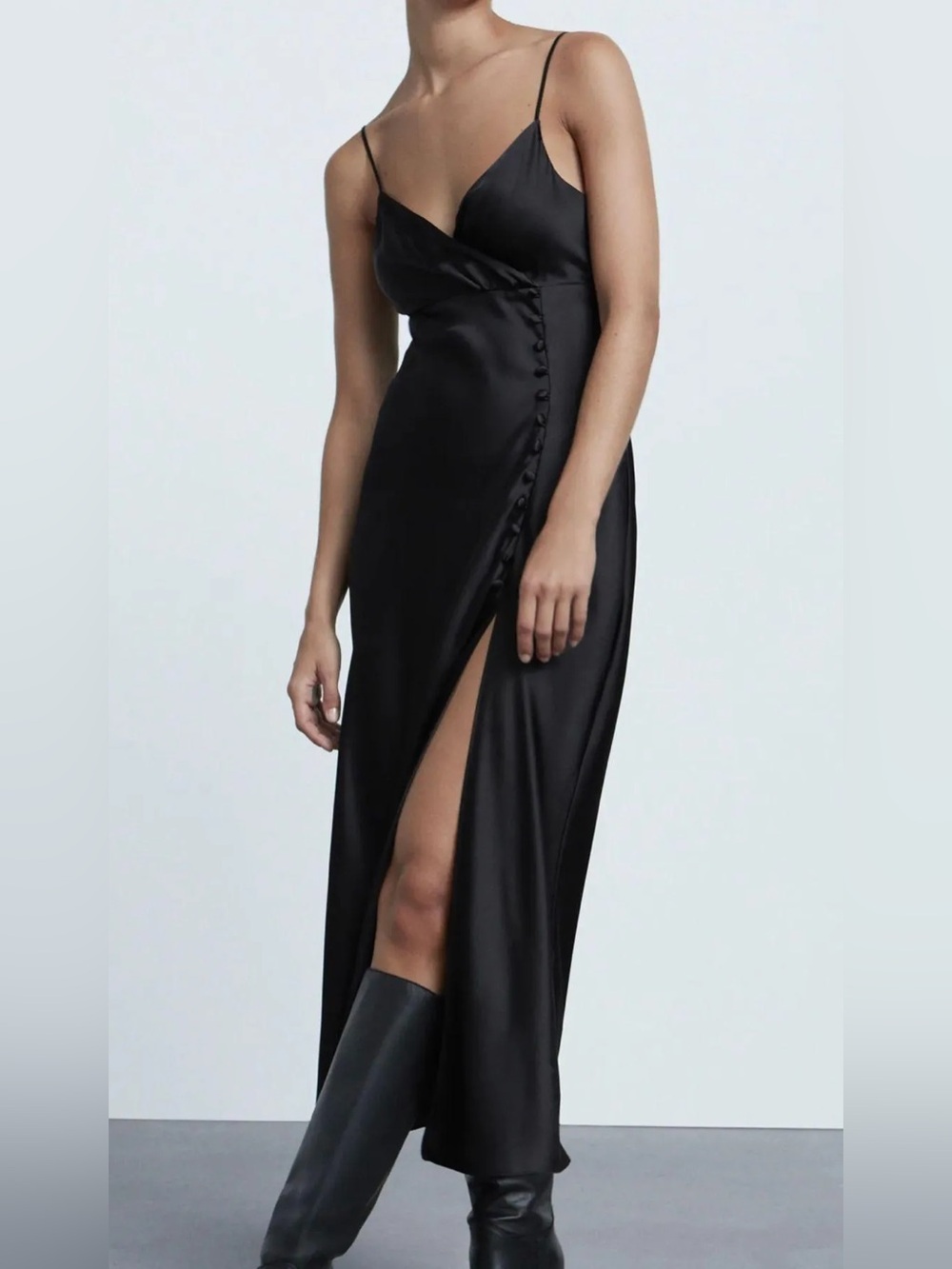 Zara Black Satin Slip Midi Dress Button Detail Side Slit Size L Chic - Picture 1 of 4